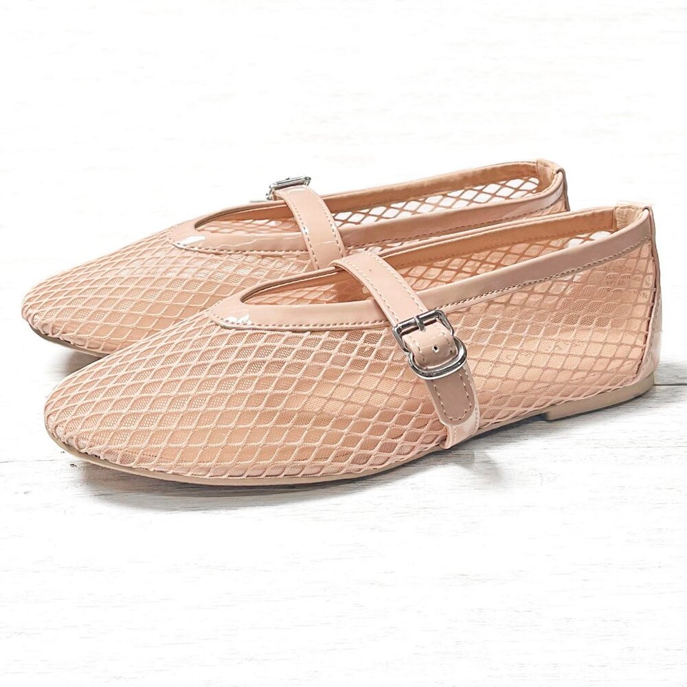 BAMBOO Nude Pink Mesh Mary Jane Flats with Buckle